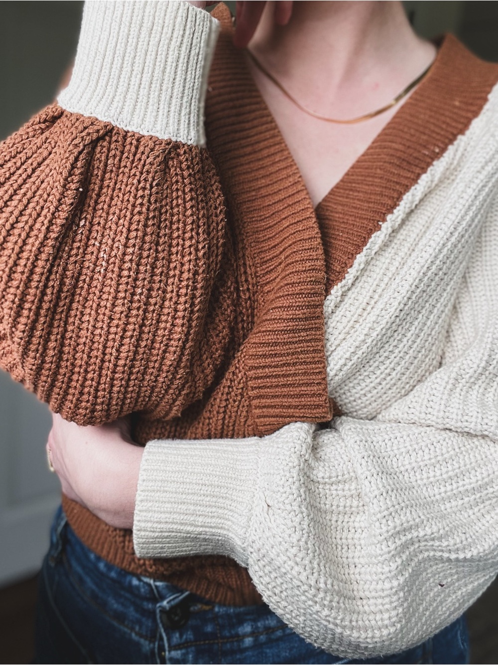 UPWEST Faux Wrap Chunky-knit Sweater - Colorblock